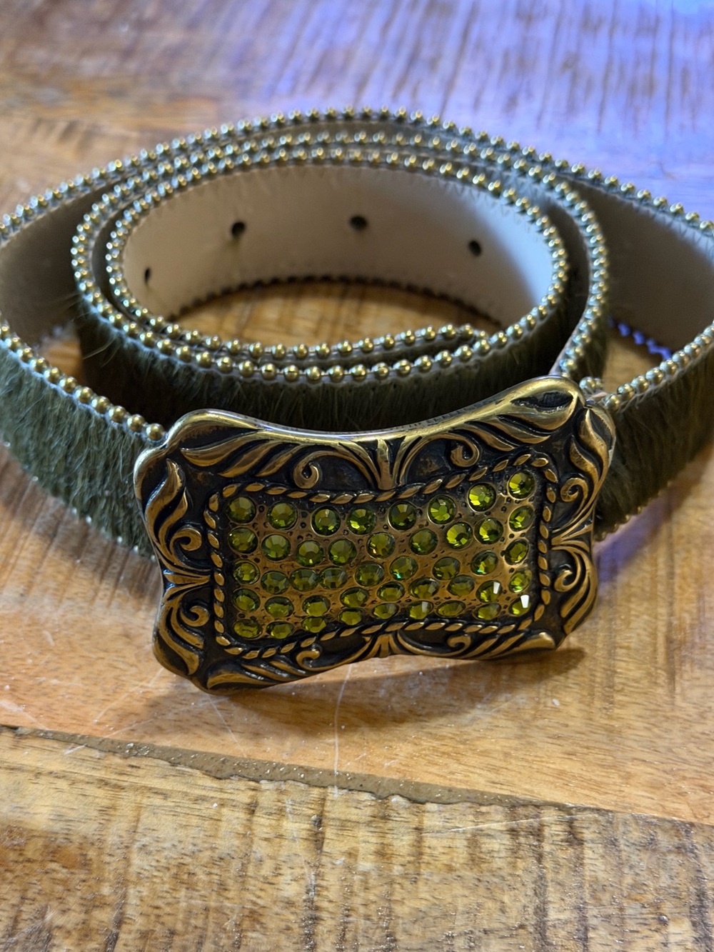 Bill Simon 1991 Pony Hair Leather Belt XL Made in Italy Green Rhinestone Buckle